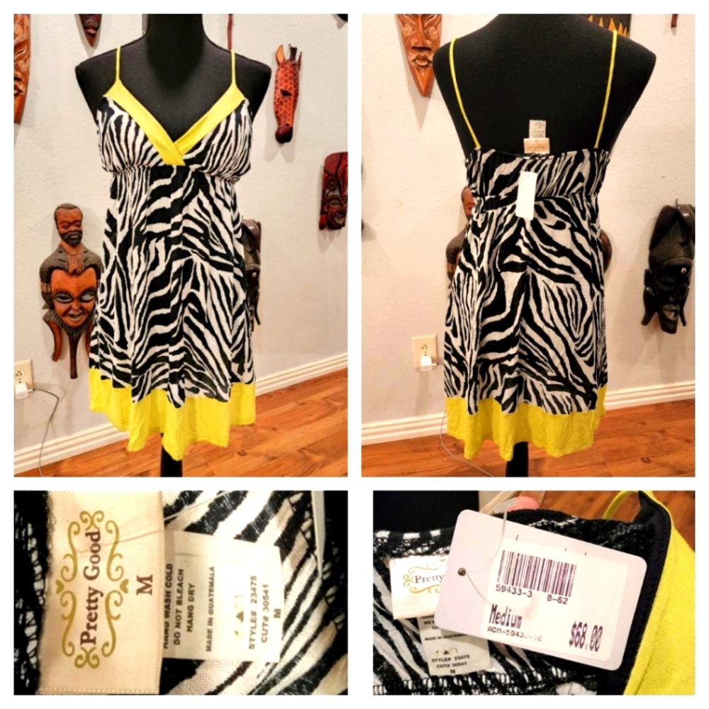 Zebra Striped w/Yellow Accents, Spagetti-Strapped Mini Dress, Size M